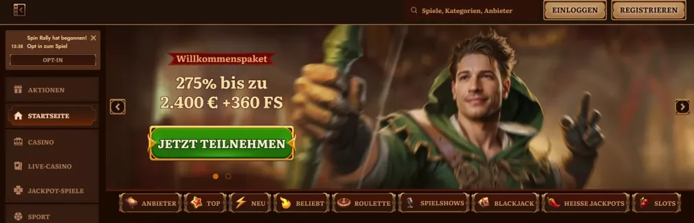 Wildrobin Casino – 275% bis zu 2.400 € + 360 Freispiele Willkommensbonus